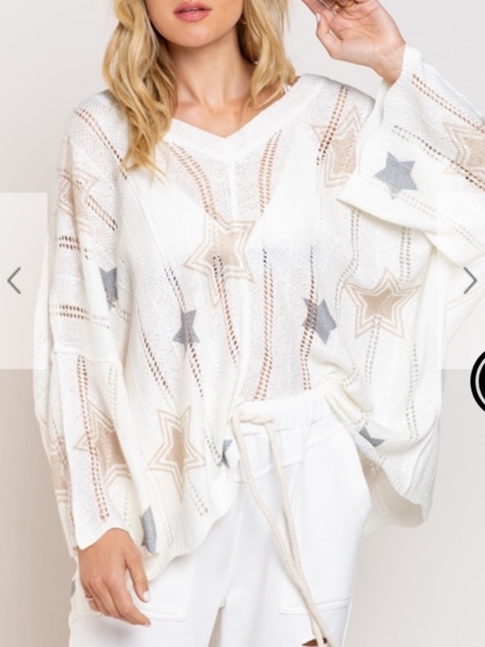 POL Cream Open-Knit V-Neck Sweater with Pastel Stars - Picture 13 of 16
